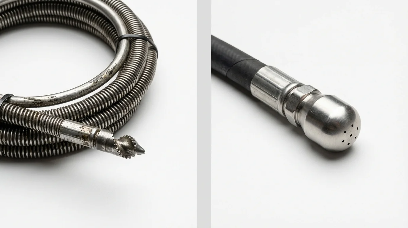 Drain snake cable and hydro jetting nozzle used for drain cleaning in Hinton, OK