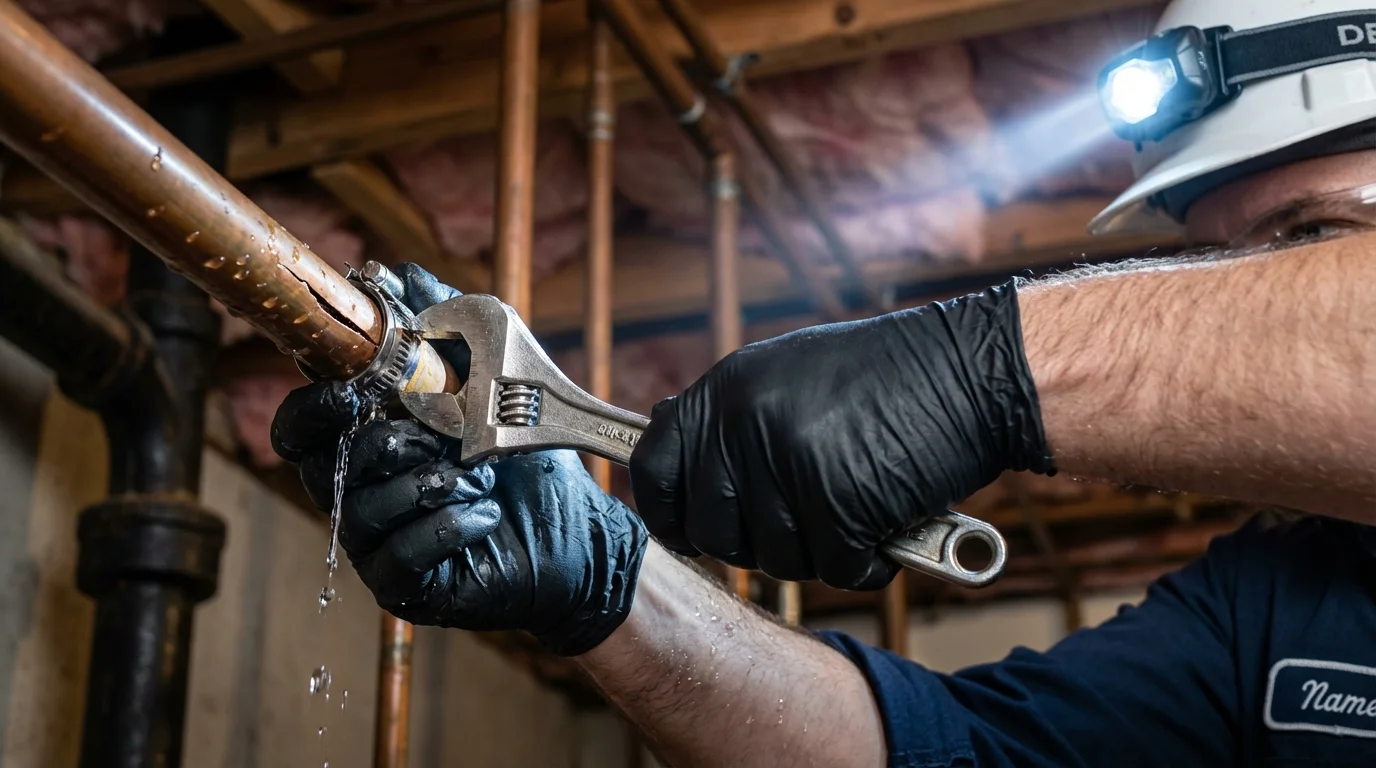 Emergency pipe clamp repair being performed by a Johns Plumbing LLC plumber in Hinton