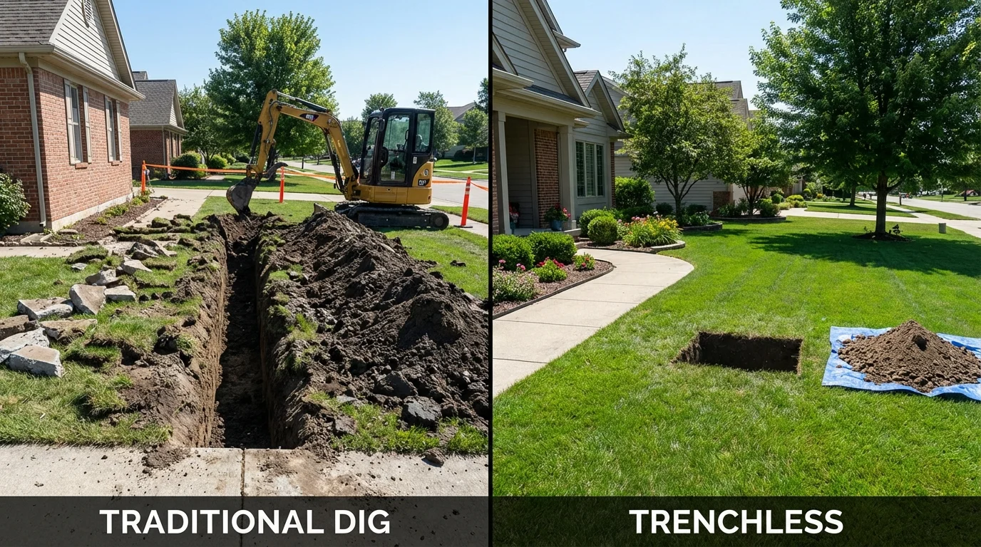 Trenchless sewer repair with minimal yard damage versus traditional excavation in Hinton, OK