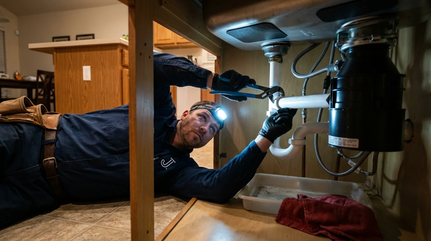 P-trap and supply line connections under a kitchen sink showing a common leak point in Hinton, OK